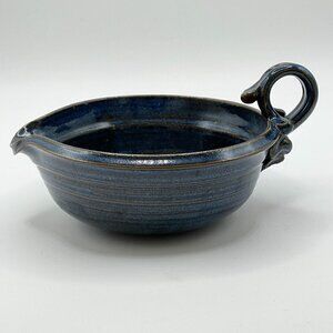 RJM Studio Pottery Blue Glazed Stoneware Wheel Thrown Handled Pouring Bowl USA